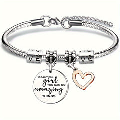 Love Heart Pendant Bangle Bracelet Stainless Steel Jewelry