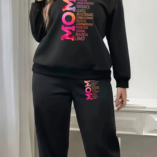 Women's Plus Ombre Letter Print Long Sleeve Fleece Pullover Top & Joggers Set