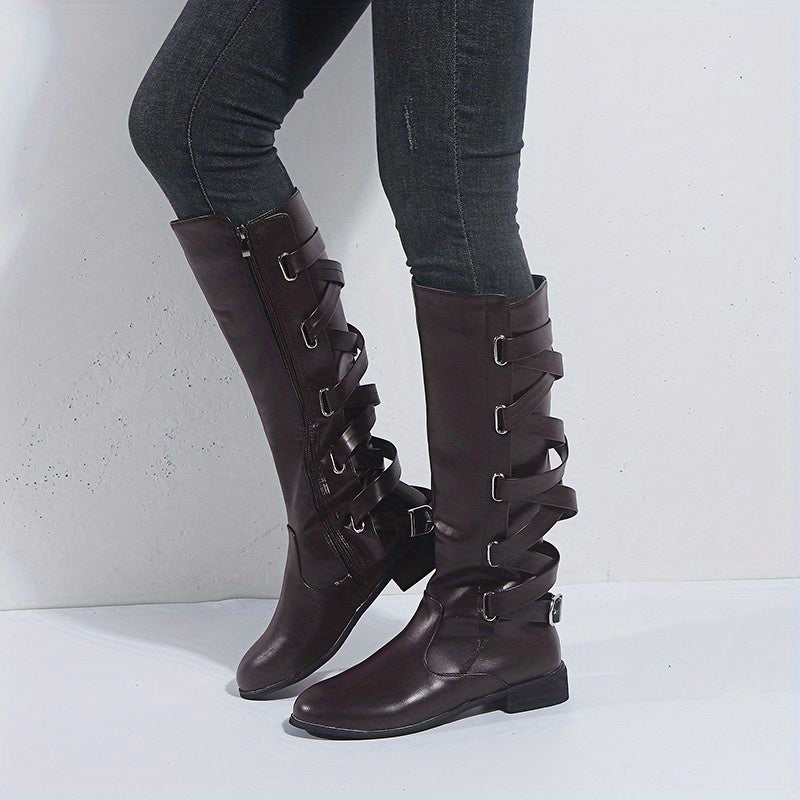 Women's Flat Knee High Boots Back Lace Up Cross Strap Side Zipper Long Boots