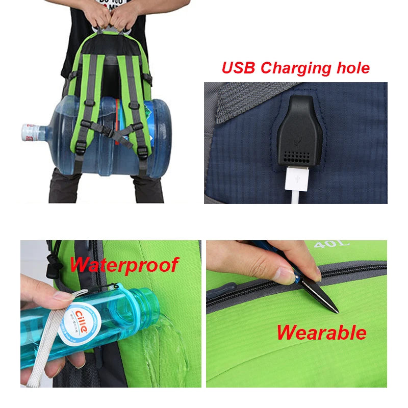 40L Waterproof USB Charging Climbing Backpack Men Cycling Sport Bags