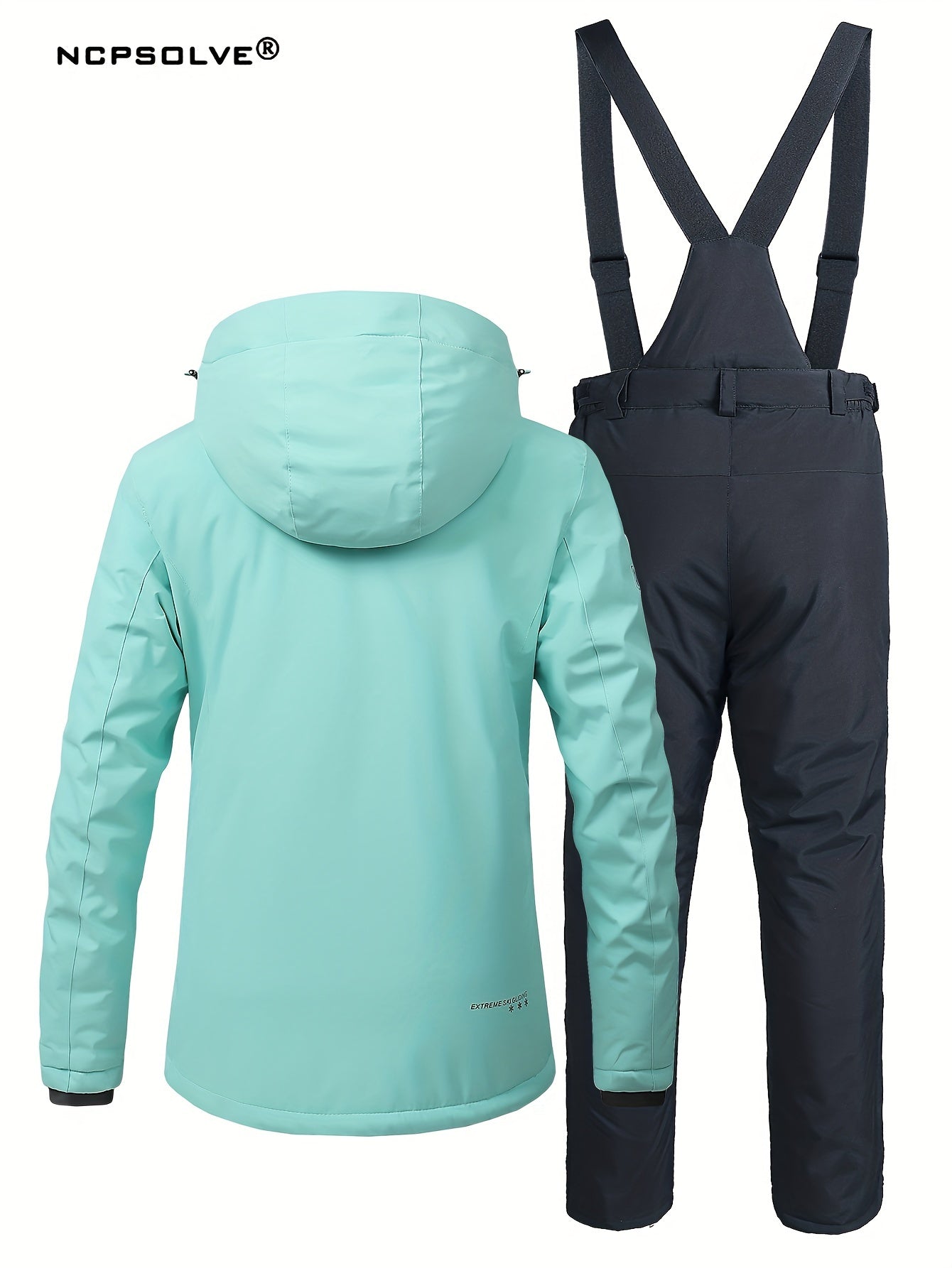 Windproof Snowflake Print Ski Set Hooded Jacket & Suspender Trouser Ski Suit