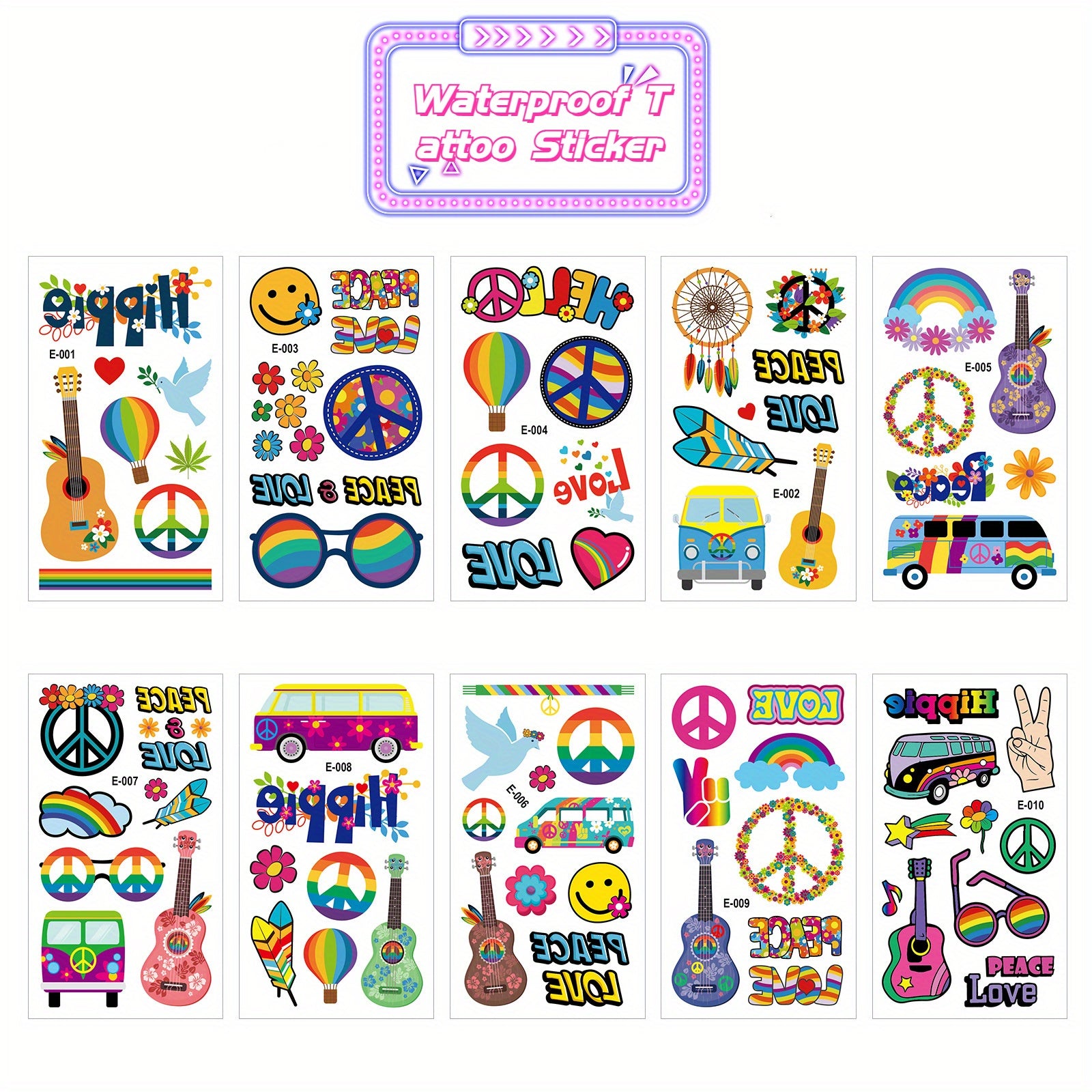 Hippie Waterproof Tattoo Stickers - Temporary Tattoos for Adults and Children