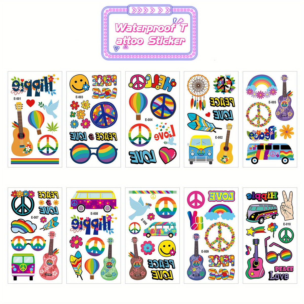 Hippie Waterproof Tattoo Stickers - Temporary Tattoos for Adults and Children