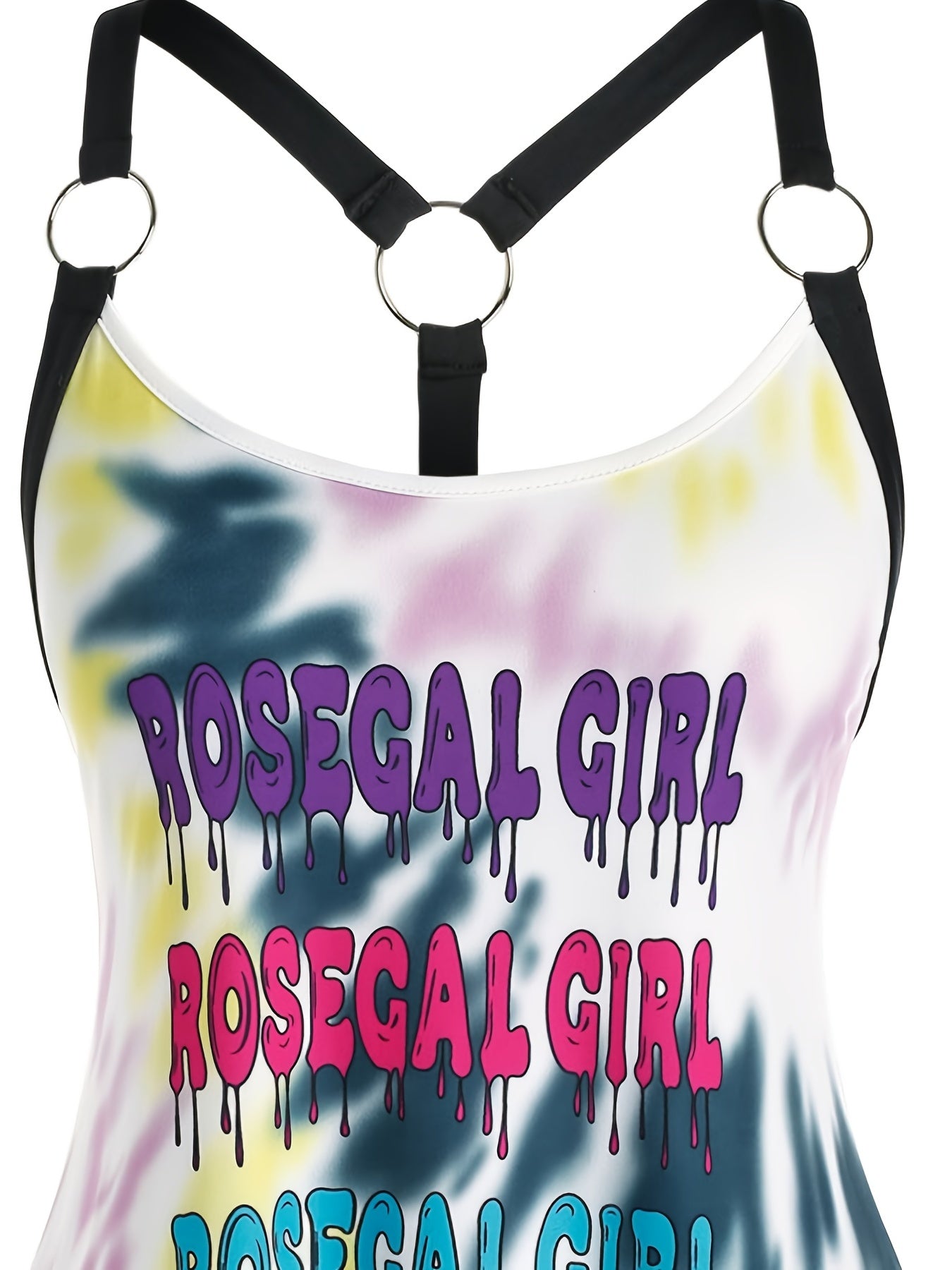 Tie Dye Letter Print O Ring Straps Tank Top Women's Plus V Neck Top