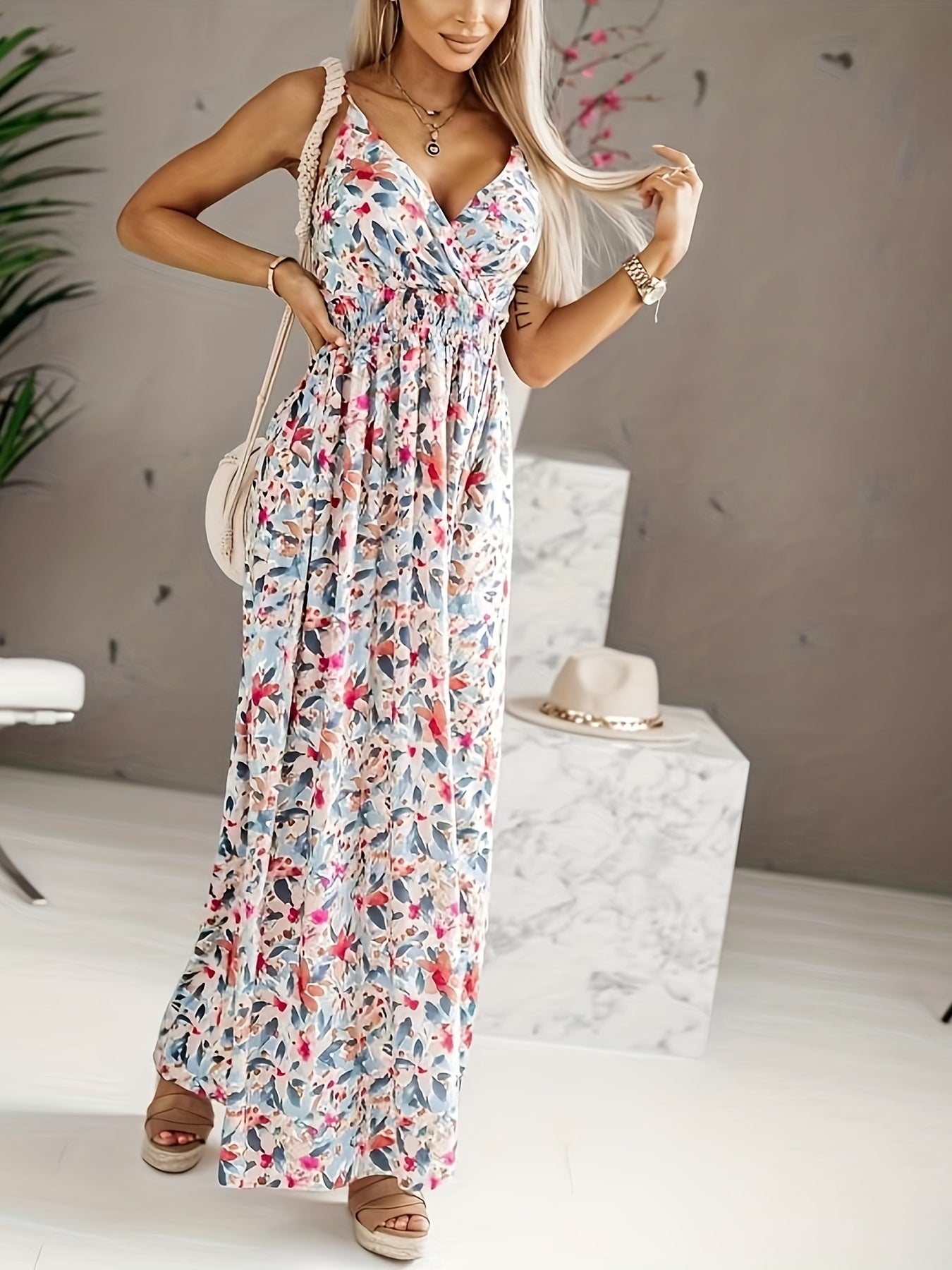 Floral Print Shirred Waist Cami Dress Boho V neck Backless Spaghetti Dress
