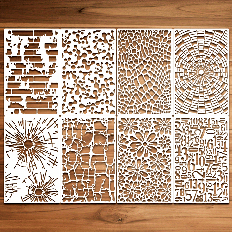 8pcs Reusable Painting Stencil Molecules Abstract Bricks Crocodile Irreg