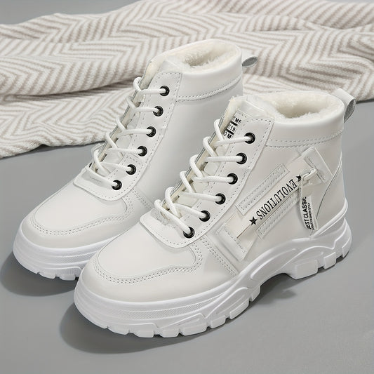 Plush Lined Winter Ankle Boots, Lace Up Side Zipper Short Boots