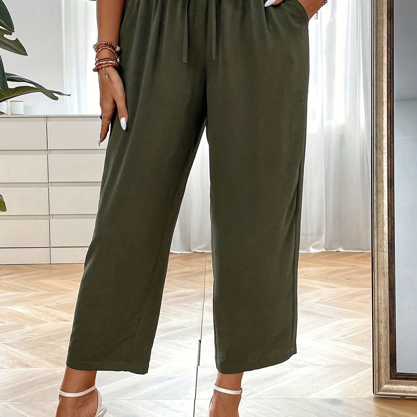  Casual Pants Women's Solid Wide Leg Crop Trousers