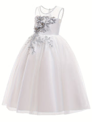 Girls Floral Sleeveless Mesh Princess Dress For Kids