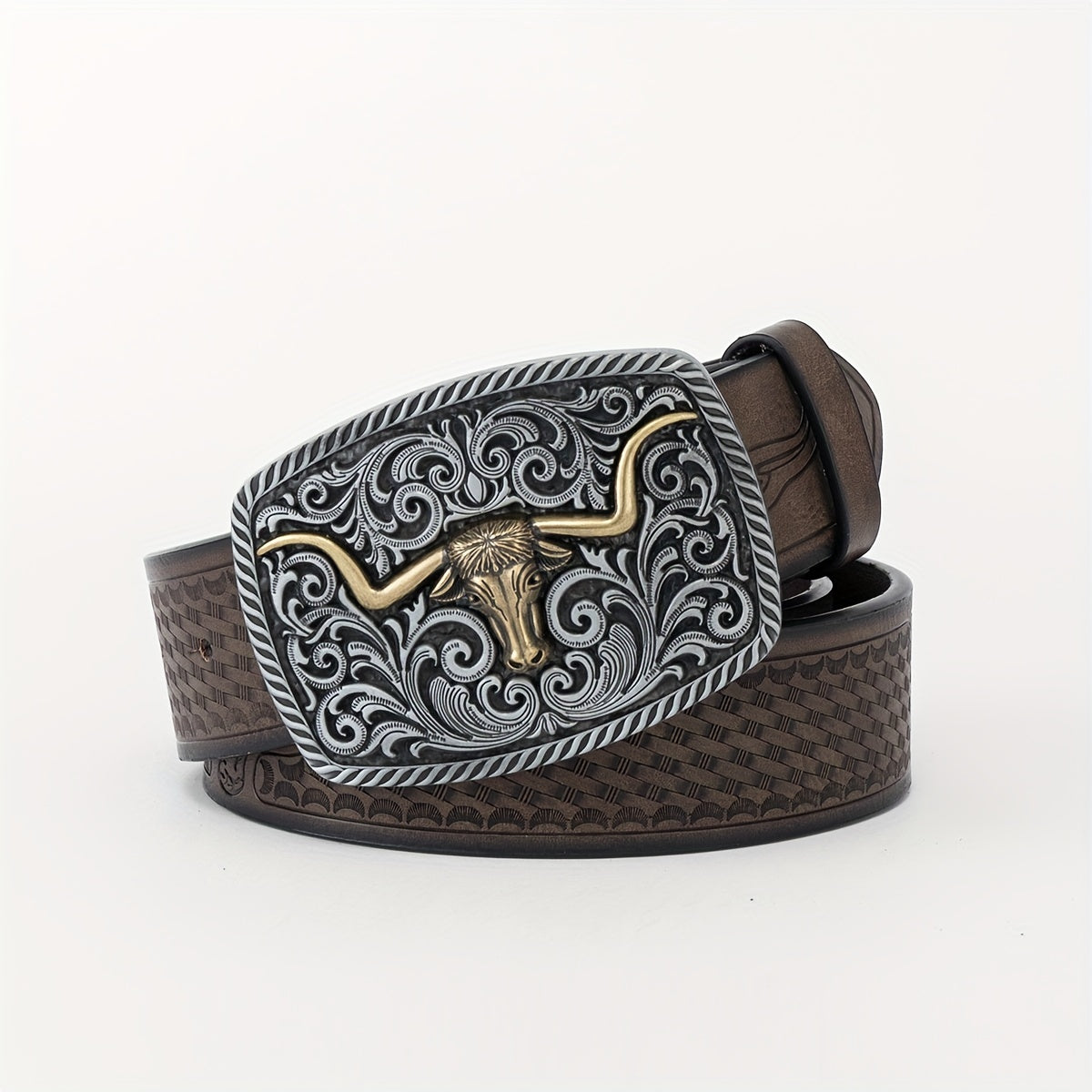 Cattle Head Floral Embossed Buckle Casual Western PU Leather Belt