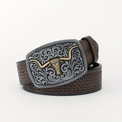 Cattle Head Floral Embossed Buckle Casual Western PU Leather Belt