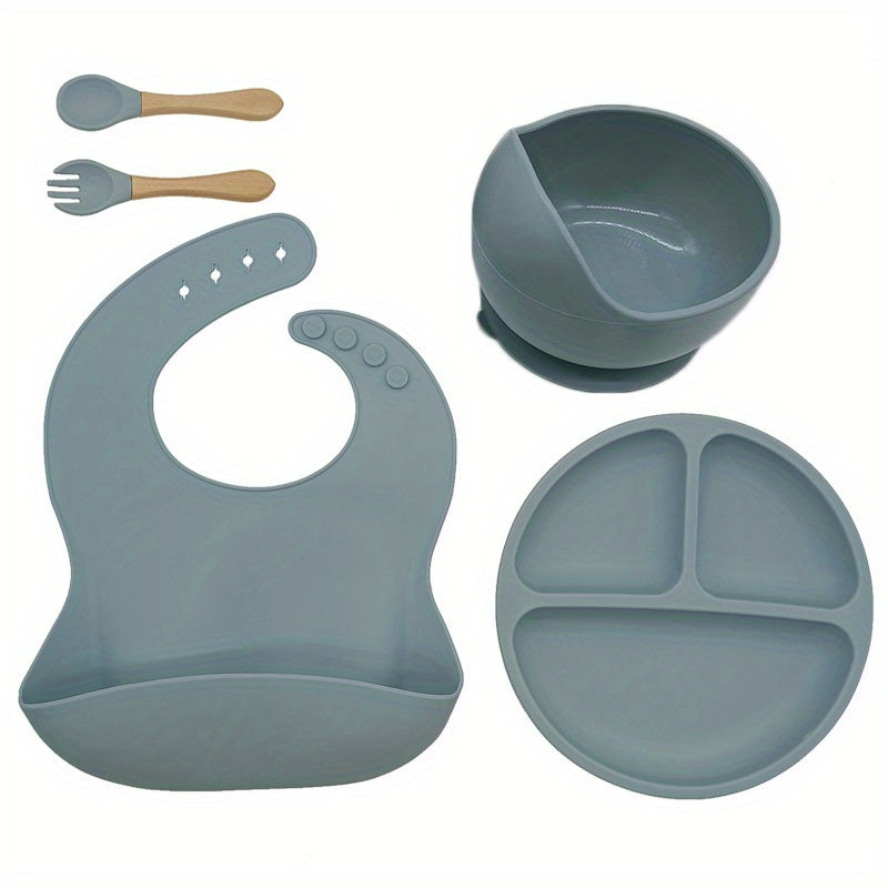 Silicone Baby Tableware Set Non Slip Feeding Bowl Plates Spoons Straw Cup