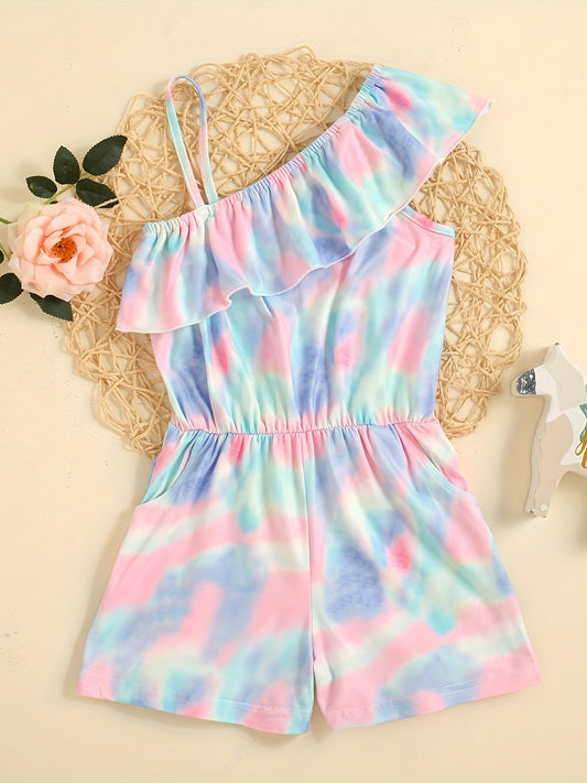 Girls Tie Dye Sleeveless Ruffle Trim Jumpsuit Kids Summer Outfit