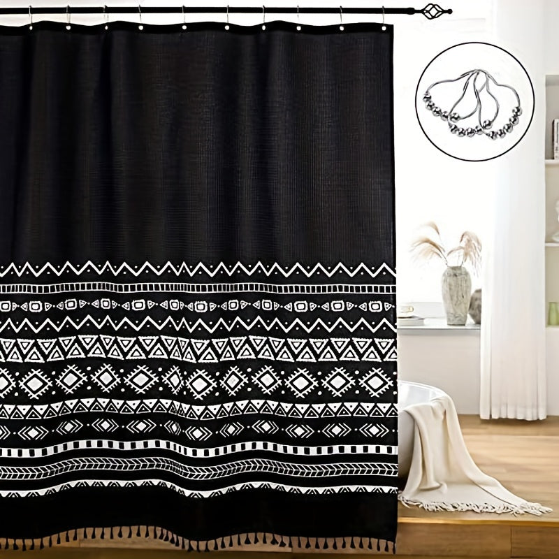 Bohemia Style Shower Curtain with Tassel Durable Waterproof Mildew Proof Fabric
