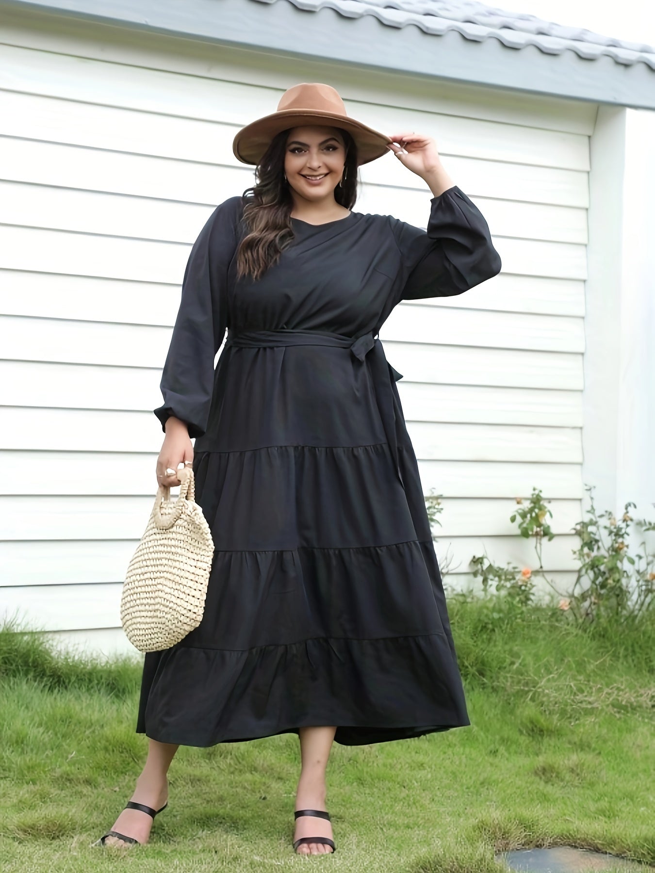 Women's Plus Solid Lantern Sleeve Maxi Dress With Belt