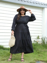 Women's Plus Solid Lantern Sleeve Maxi Dress With Belt