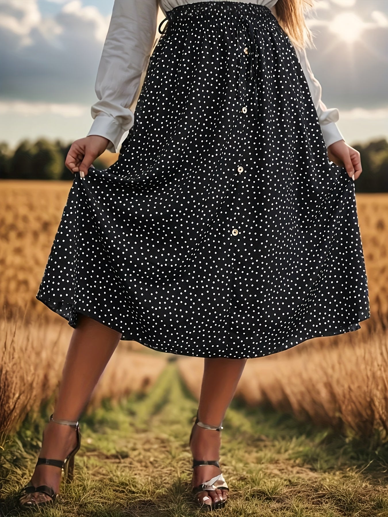  Polka Dot Print Elastic Waist Retro Skirt