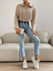 Button Tassel Solid Crop Jacket Women's Clothing
