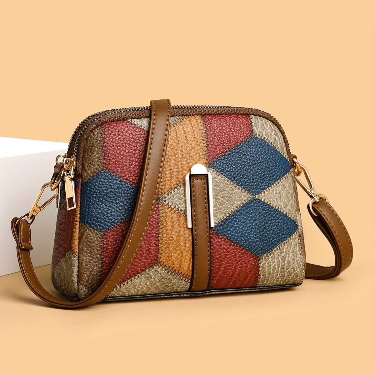 Colorblock Crossbody Bag with Rhombus Print Shoulder Purse