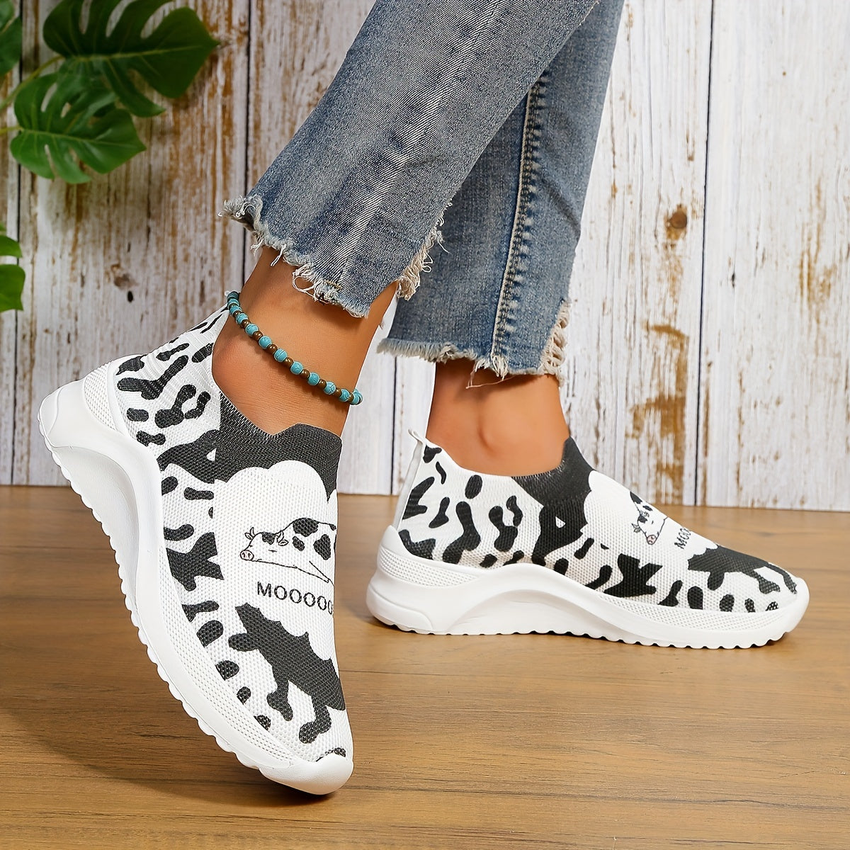 Cow Print Sock Shoes Women Breathable Slip On Sneakers