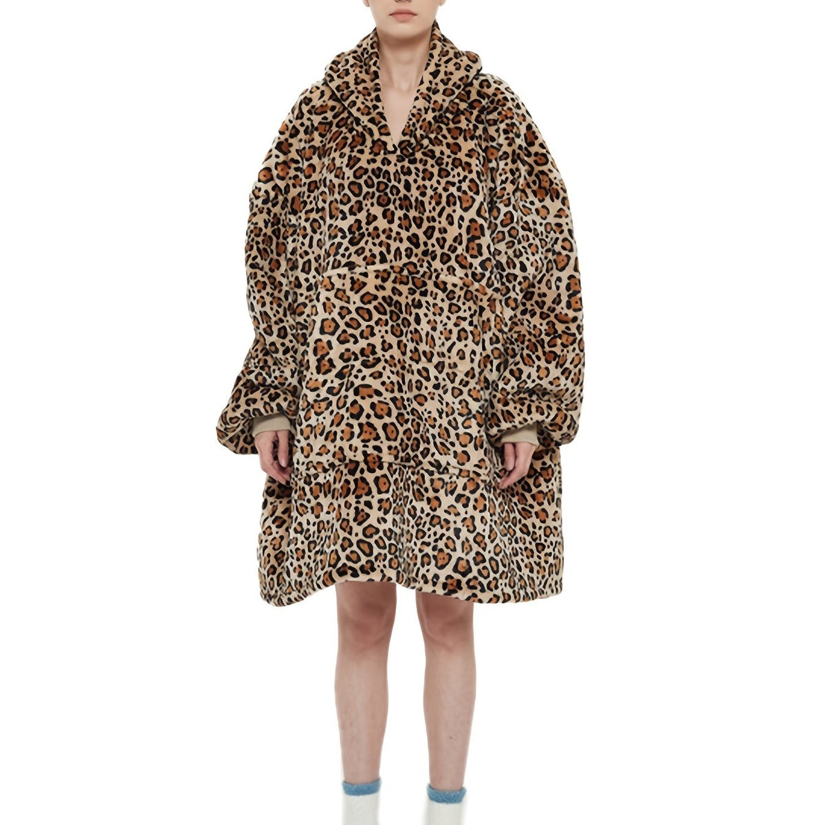  Leopard Print Hooded Fleece Nightgown