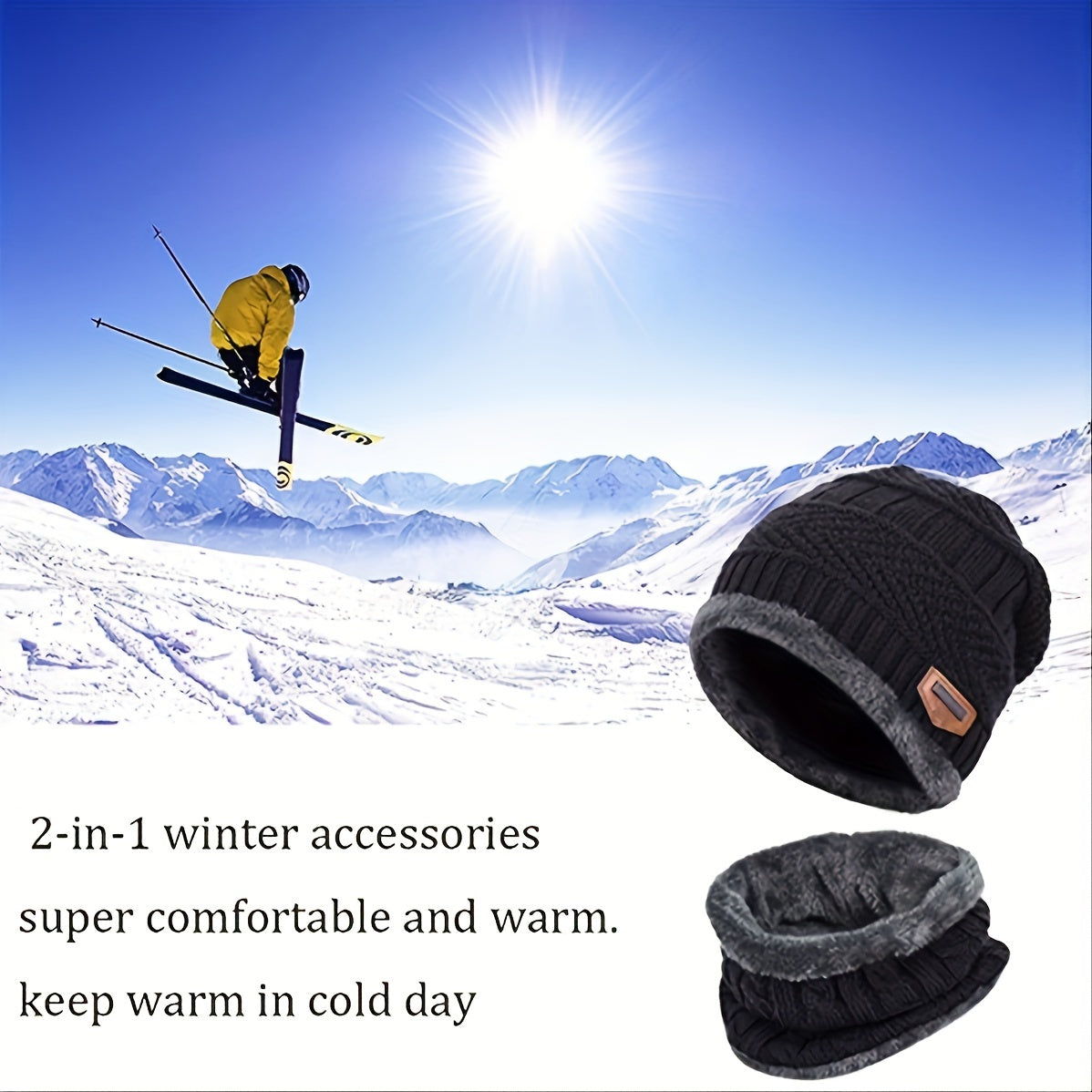 Winter Warm Beanie Hat Scarf Set Fleece Lined Cap Neck Cover