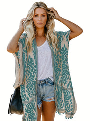 Boho Cover Up Plus Size Women Graphic Print Pompom Trim Kimono