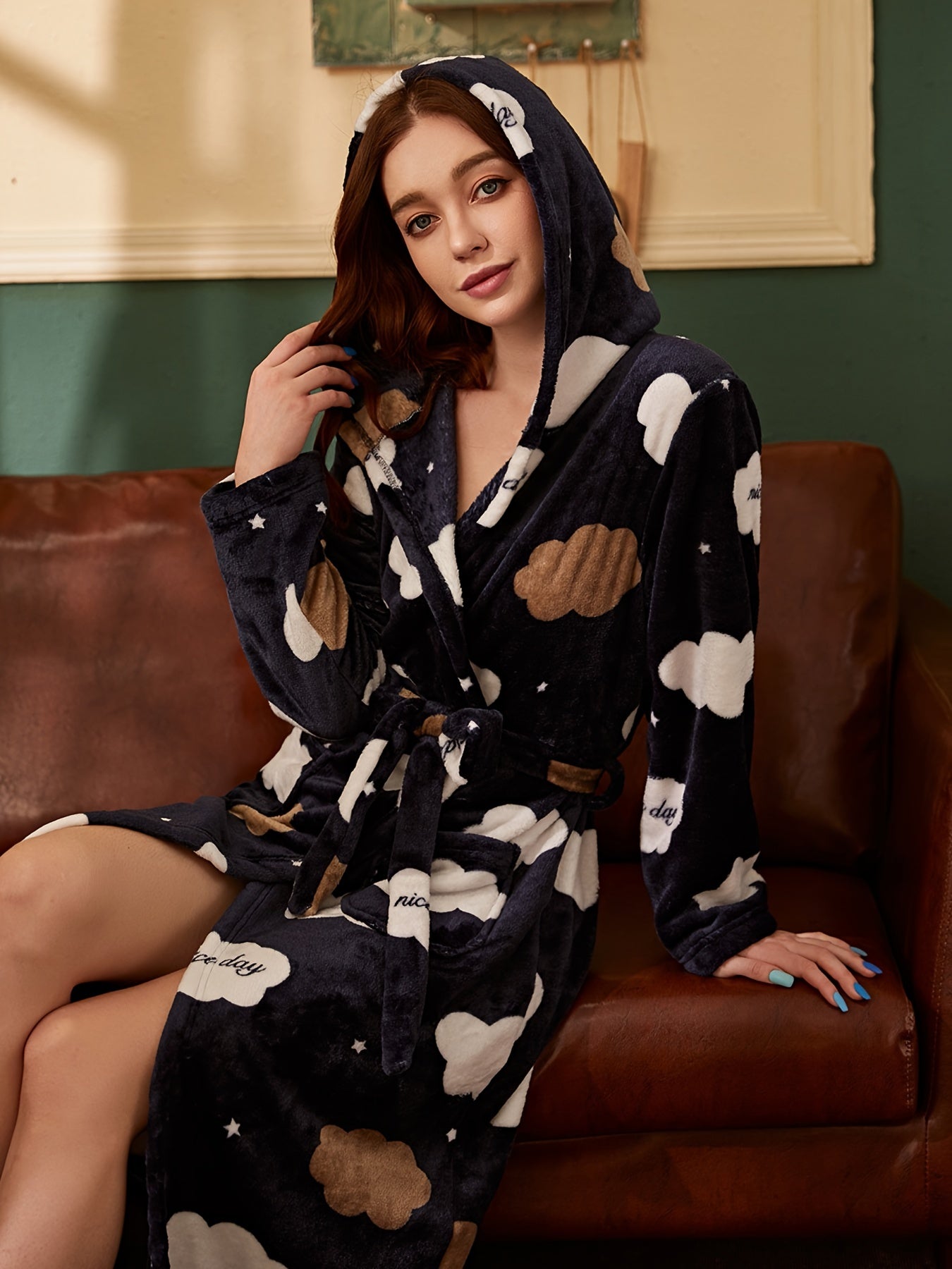 Cloud Pattern Hooded House Robe Warm & Comfy Flannel Robe With Pockets & Belt