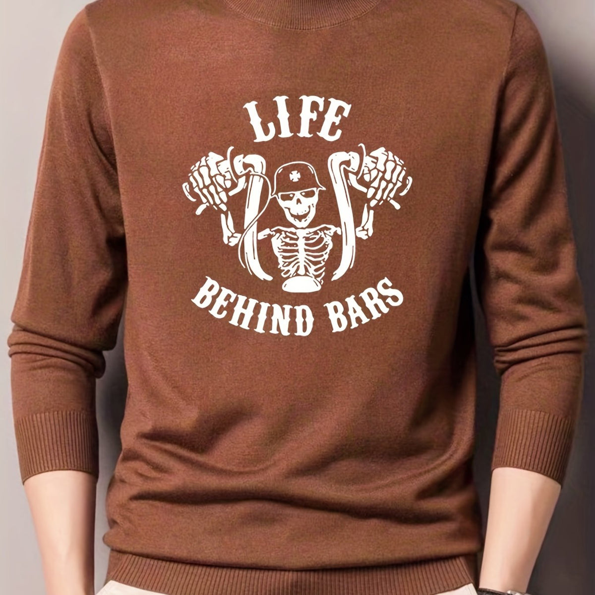Skeleton Bike Print Knitted Sweater Men's Casual Warm Crew Neck Pullover