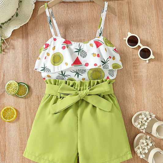 Girls Fruit Print Ruffle Cami Tops And Shorts Set