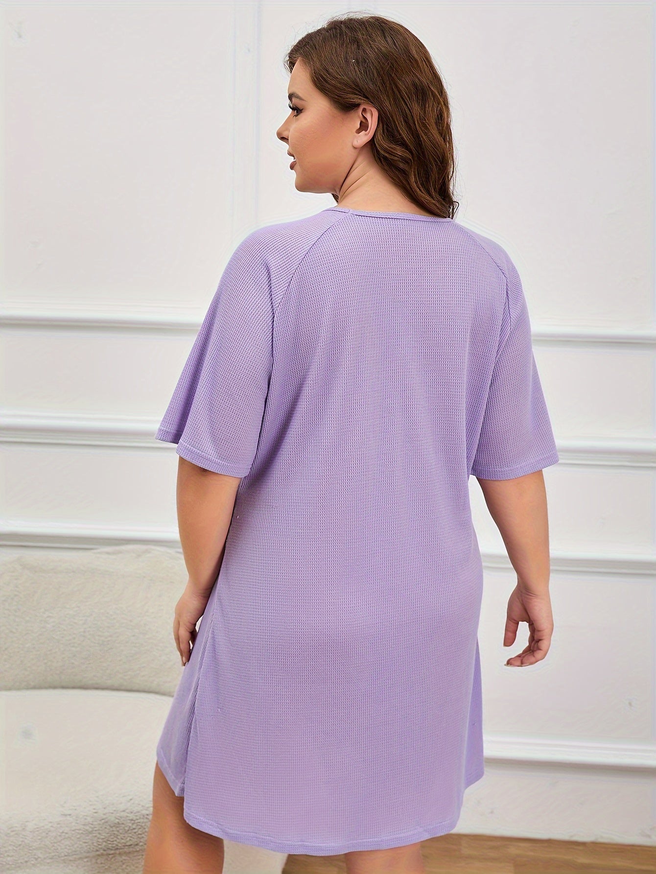  Solid Waffle Knit Short Sleeve Round Neck Sleep Dress