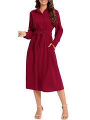 Button Belted Shirt Dress With Pocket Long Sleeve Dress