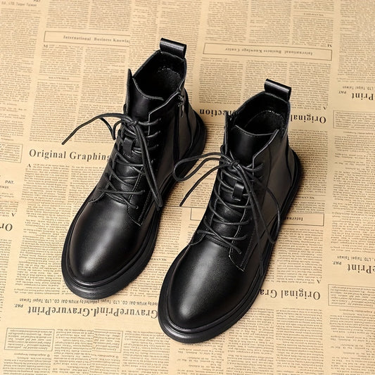 Women's Solid Combat Boots Lace Up Zipper British Style Boots