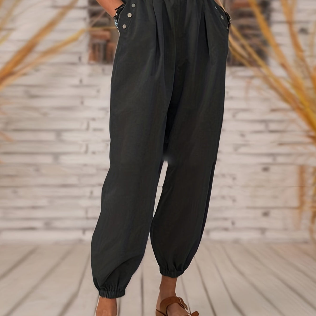  Retro Pants Women's Plus Solid Button Decor Elastic High Rise Trousers