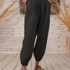  Retro Pants Women's Plus Solid Button Decor Elastic High Rise Trousers
