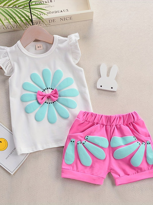 Girl's Sunflower Print Ruffled Top & Shorts Set