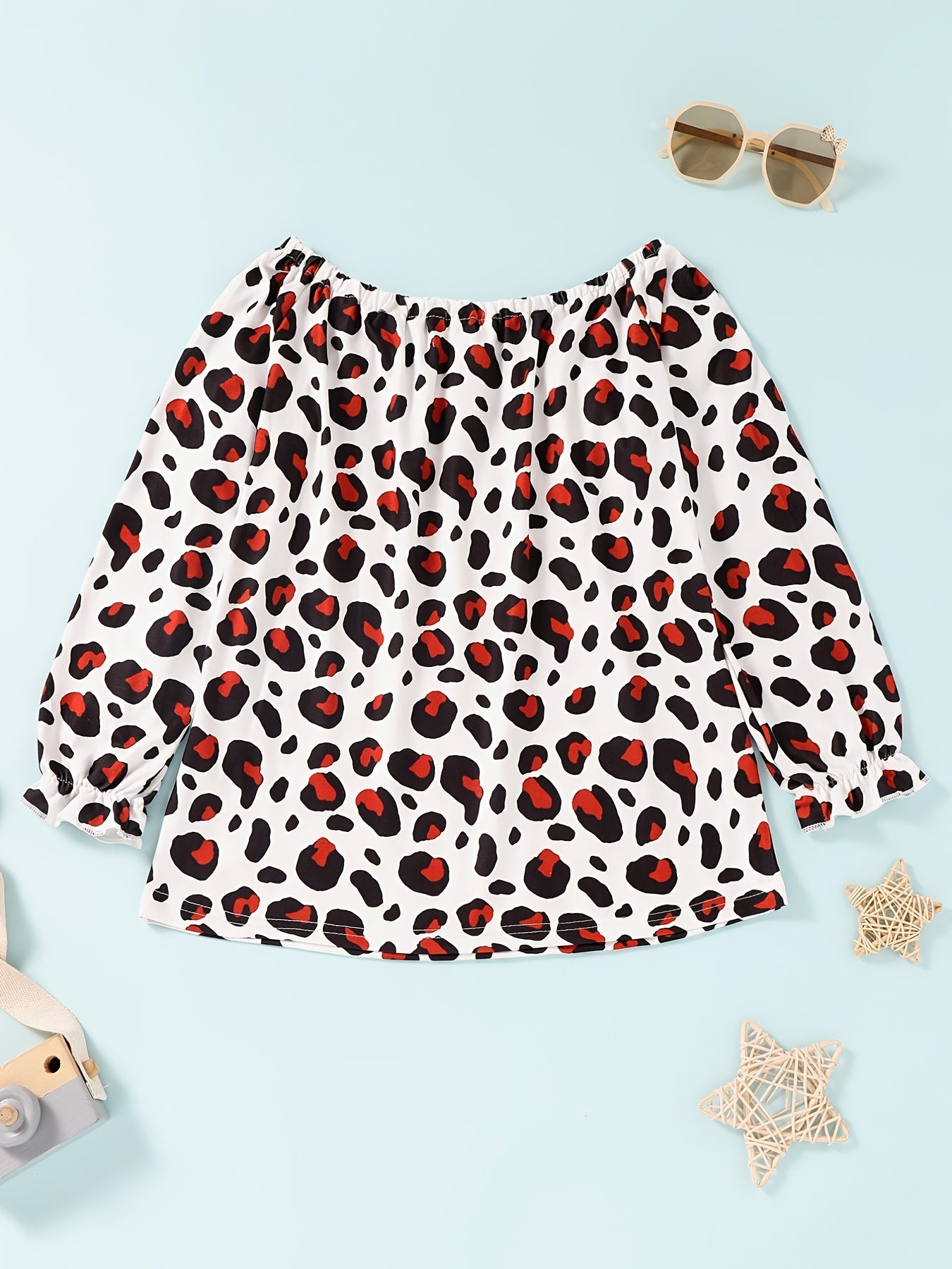 Girls Leopard Off The Shoulder Top & Ripped Jeans Set