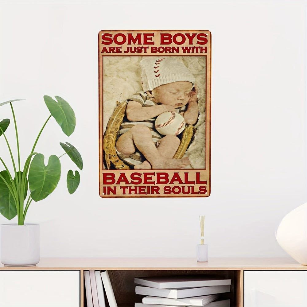 Baseball With Baby Boy Vintage Art Poster Metal Tin Sign