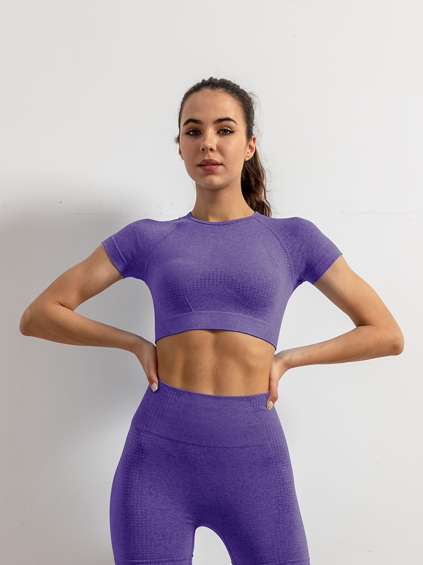 Solid Crew Neck Yoga Crop Top Short Sleeve Slimming Workout Top