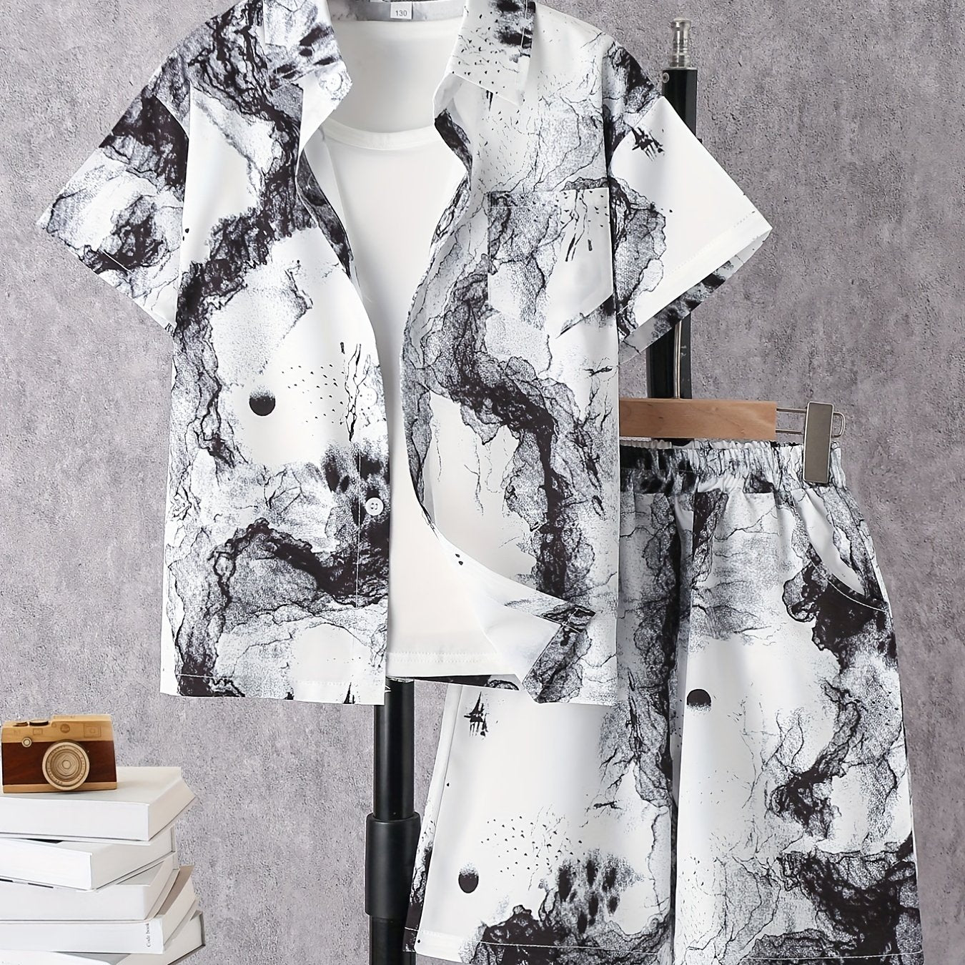 Boys Ink Painting Casual Outfit Short Sleeves Shirt & Shorts