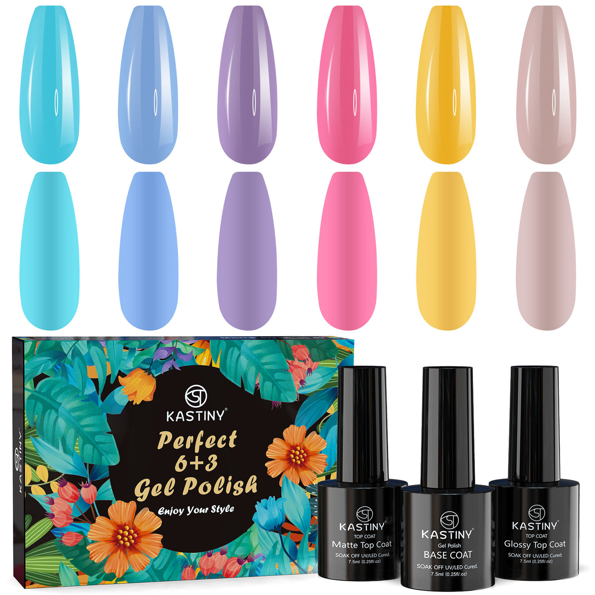 9-Piece Macaron Gel Nail Polish Set with Base, Gloss, and Matte Top Coatings
