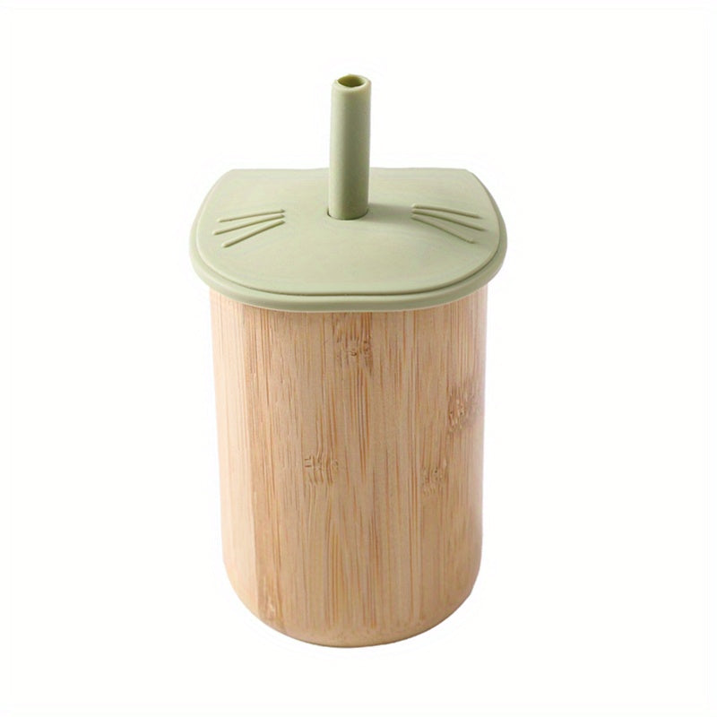 Cat Bamboo Wooden Cup With Silicone Lid - Baby Learning To Drink Cup