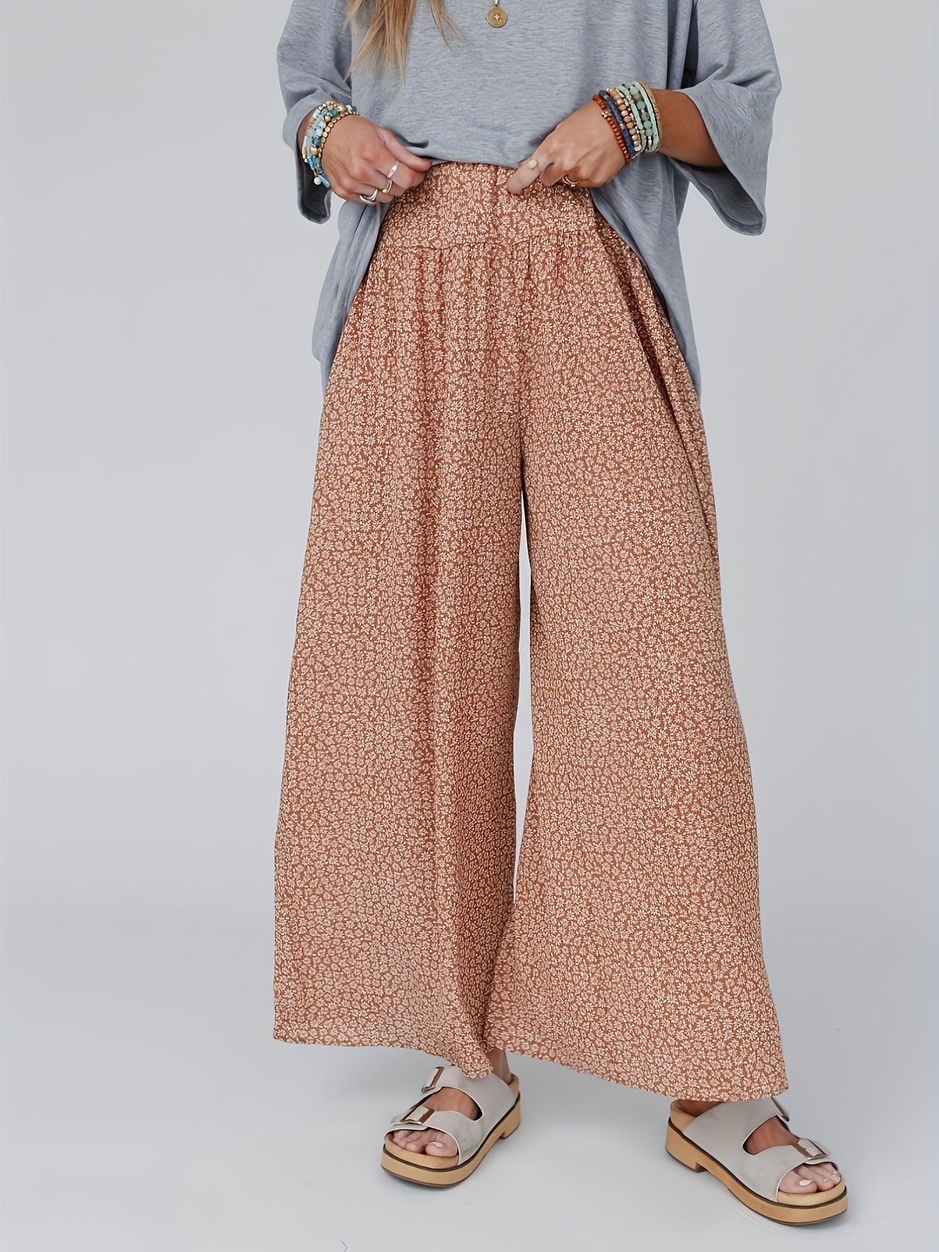  Floral Print High Waist Wide Leg Pants