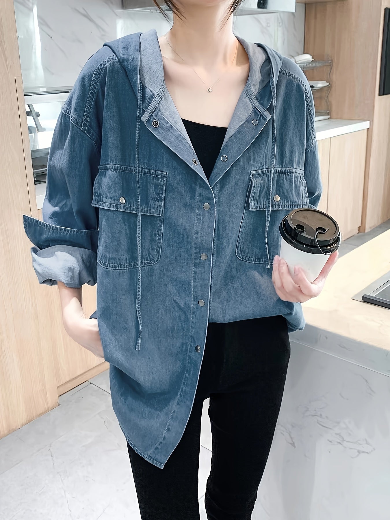 Plus Size Hooded Denim Blouse Long Sleeve Button Up