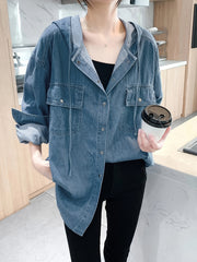Plus Size Hooded Denim Blouse Long Sleeve Button Up