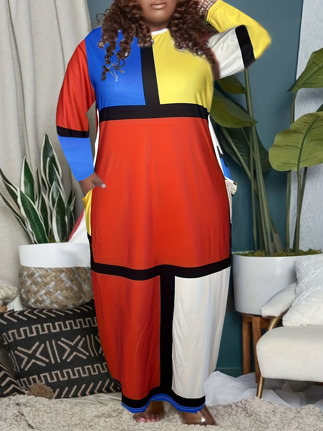 Women's Plus Colorblock Long Sleeve Maxi Dress