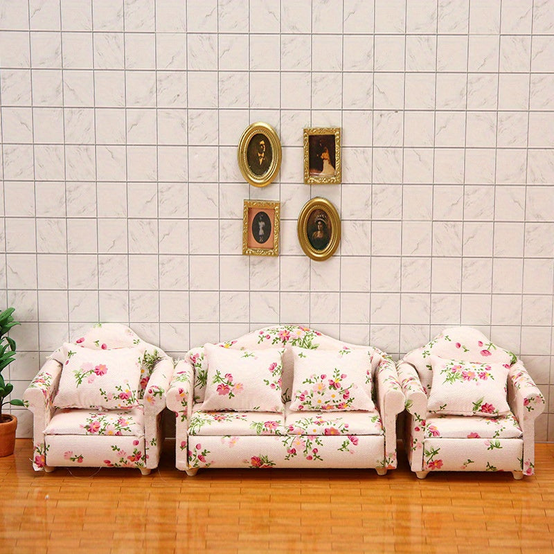 12 Dollhouse Furniture Pink Floral Living Room Single Sofa