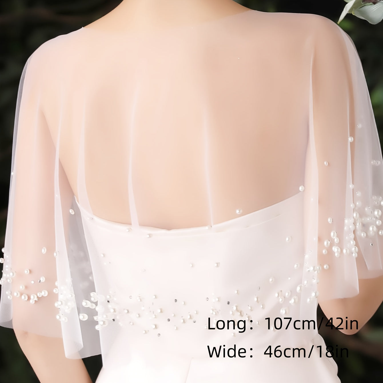 Pearl Adorned Bridal Shawl Tulle Cape with Sheer Sleeves