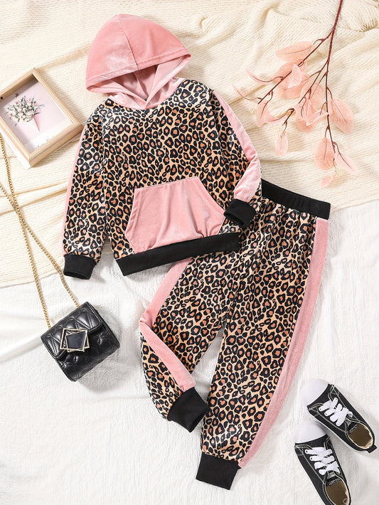 Leopard Velvet 2pcs Hoodie & Sweatpants Set for Girls