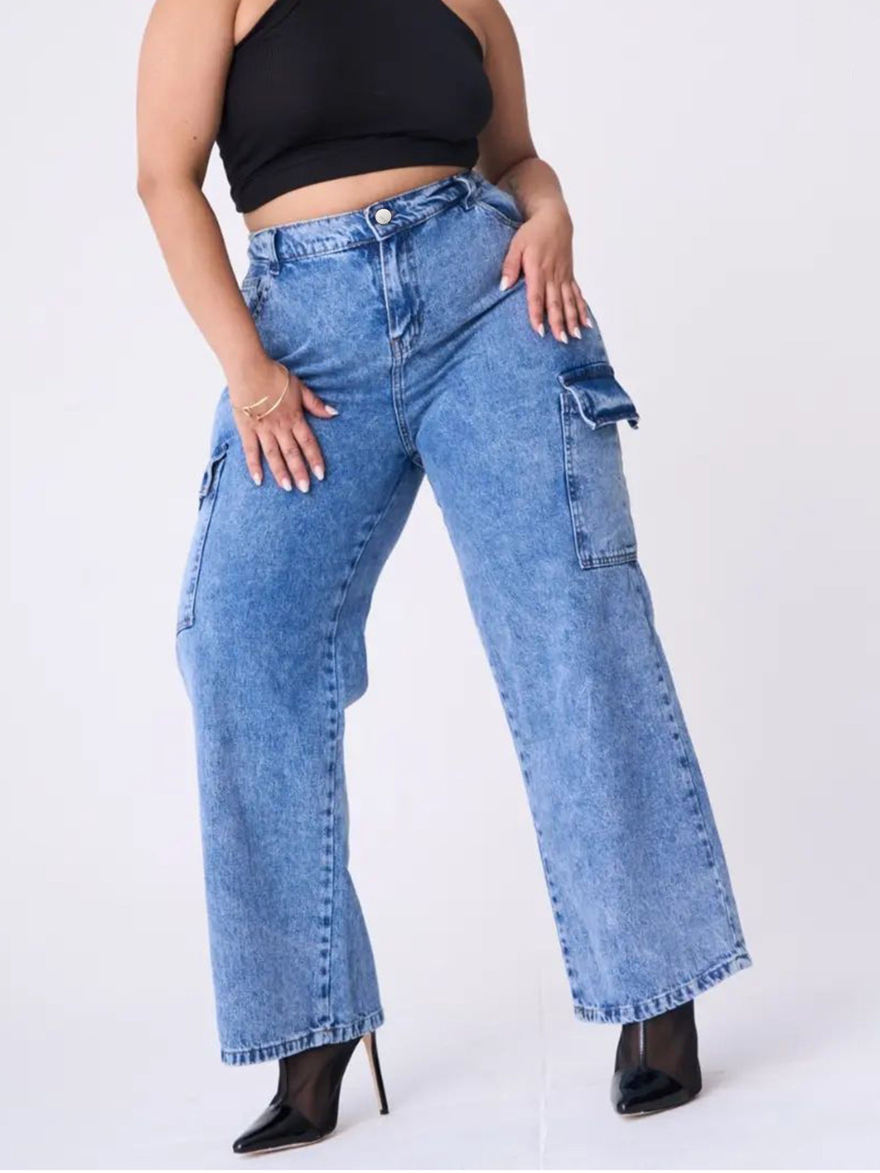  Button Fly High Rise Wide Leg Jeans
